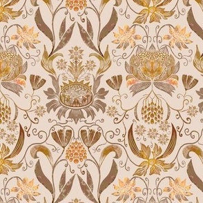 6” repeat heritage small handdrawn sunflowers, tulips, grapes  in damask style earthy orange golden browns on pale cream