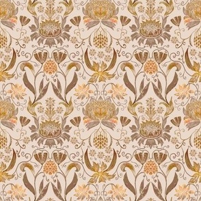4” repeat heritage very small handdrawn sunflowers, tulips, grapes  in damask style earthy orange golden browns on pale cream
