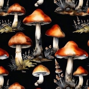 Forest Mushroom Pattern | Black Background | Nature Wall Decor