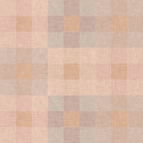 Geometric pattern of small squares in pink and blue tones and linen texture