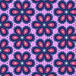 Boho Chic Flower Power, Pink Red Navy Slate Blue, 1960's 1970's Bohemian Leaf Dots Floral
