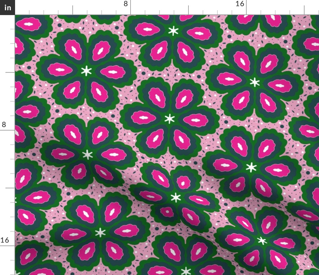 Boho Chic Flower Power, Pink Green Teal, 1960's 1970's Bohemian Leaf Dots Floral