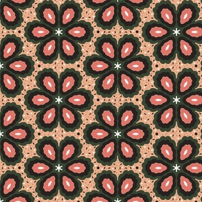 Boho Chic Flower Power, Salmon Olive Muted Coral, 1960's 1970's Bohemian Leaf Dots Floral