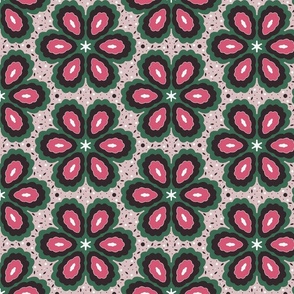 Boho Chic Flower Power, Dusty Pink Green Black, 1960's 1970's Bohemian Leaf Dots Floral