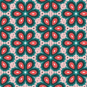 Boho Chic Flower Power, Pink Tomato Red Green Pink, 1960's 1970's Bohemian Leaf Dots Floral