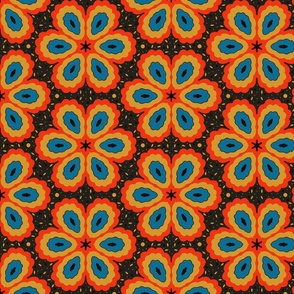 Boho Chic Flower Power, Black Mustard Blue Red, 1960's 1970's Bohemian Leaf Dots Floral