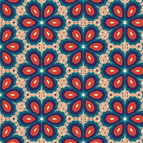 Boho Chic Flower Power, Red Navy Teal Warm Beige, 1960's 1970's Bohemian Leaf Dots Floral