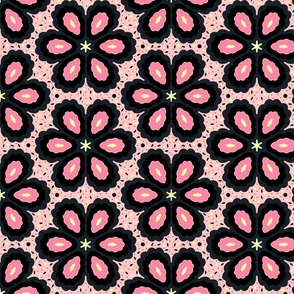 Boho Chic Flower Power, Pink Lemon Grey Black, 1960's 1970's Bohemian Leaf Dots Floral