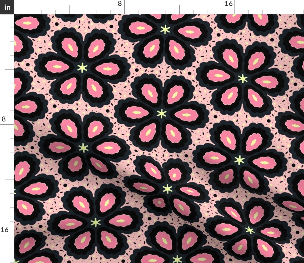 Boho Chic Flower Power, Pink Lemon Grey Black, 1960's 1970's Bohemian Leaf Dots Floral