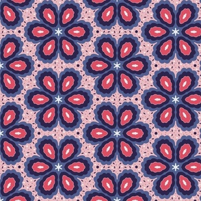 Boho Chic Flower Power, Navy Pink Blue, 1960's 1970's Bohemian Leaf Dots Floral