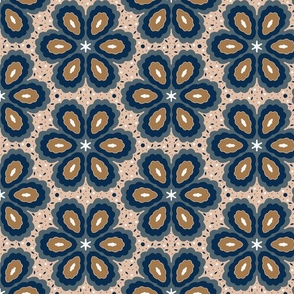 Boho Chic Flower Power, Gold Gray Navy Beige, 1960's 1970's Bohemian Leaf Dots Floral