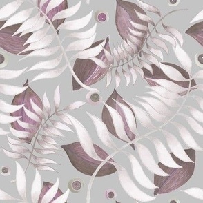 Silver Grey Leafy Veil - watercolor taupe leaves with silvery whimsical ferns