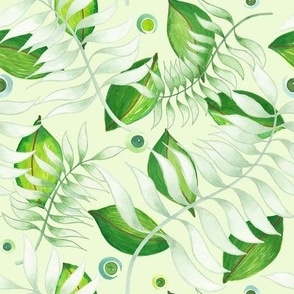 Soft Green Leafy Veil - watercolor moss green leaves with silvery whimsical ferns