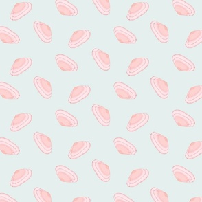 Pink seashells scattered and tossed on a light teal blue backdrop Medium