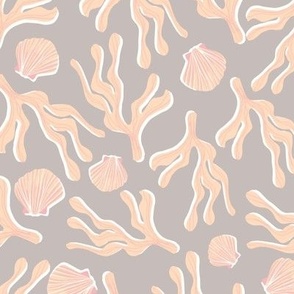 Coral & Shells - A Day at the Beach - Blush Pink and Grey Fabric