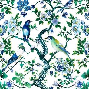 Blue and green chinoiserie birds, flowers and branches