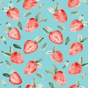 (L) Watercolor painting of tropical strawberries on turquoise background