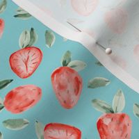 (S) Watercolor painting of tropical strawberries on turquoise background