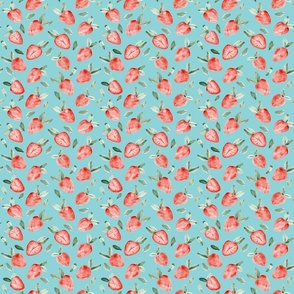 (S) Watercolor painting of tropical strawberries on turquoise background