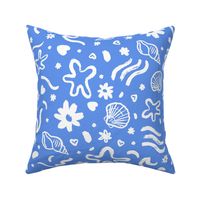 Summer Sea Side Shells, hearts, waves and starfish in Cornflower Blue