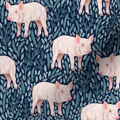 Piggies and Blue Leaves on Navy / Farm Pigs / Small