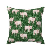 Piggies and Green Leaves on Dark Green / Farm Pigs / Small