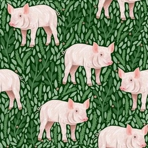 Piggies and Green Leaves on Dark Green / Farm Pigs / Small