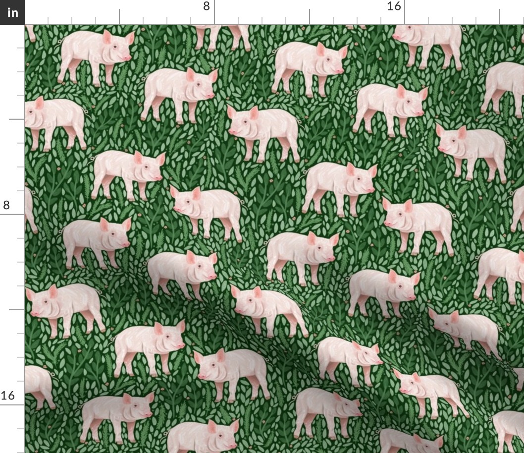 Piggies and Green Leaves on Dark Green / Farm Pigs / Small