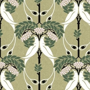 1900 Vintage "Rowan Tree" by C.F.A. Voysey in White, Forest Green, and Black on Sage Green