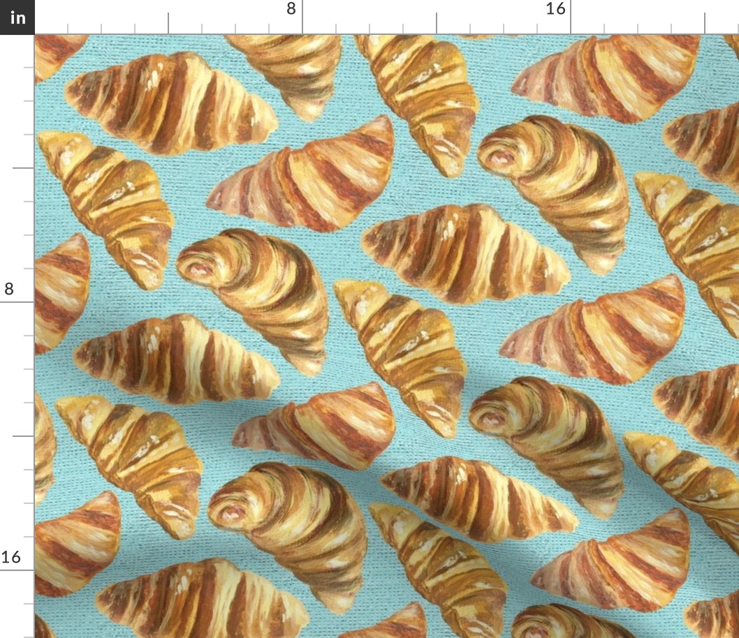 Large Buttery French Croissants on Aqua Linen