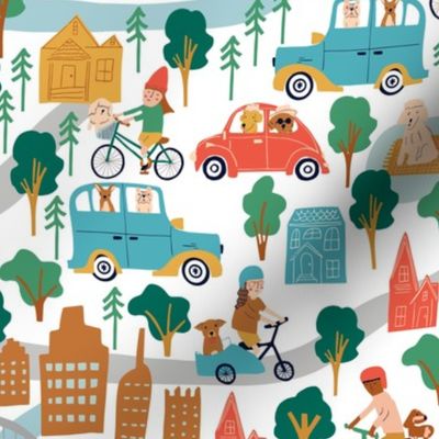 Small 12 in* repeat fabric - Happy Dogs in Sacramento - Vintage Side Cars and Bicycles - Cityscape - Yellow Bridge - Joyful Animals - Red Blue Green