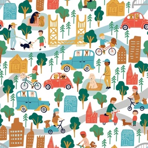 Small 10 in repeat fabric - Happy Dogs in Sacramento - Vintage Side Cars and Bicycles - Cityscape - Yellow Bridge - Joyful Animals - Red Blue Green