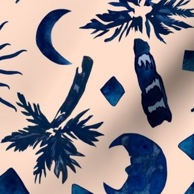 Coastal Palm Trees Night at the Beach Moon Diamonds and Plants Peach and Indigo Fashion, Swimwear, and Home Decor - Medium.