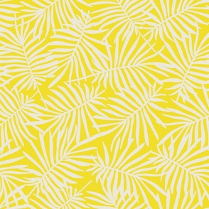 Overlapping palm leave | Cream while palm leaves on  bright yellow, playful botanical 