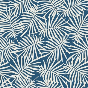 Overlapping palm leave | Cream while palm leaves on  navy blue, playful botanical 