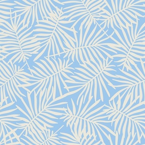 Overlapping palm leave | Cream while palm leaves on bright blue, playful botanical 