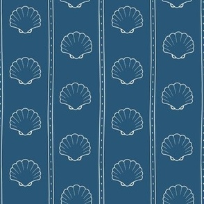 Cream white stripes and sea shells on navy blue