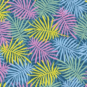 Overlapping palm leave | Multicolored layers of palm leaves on navy blue, tropical botanical texture