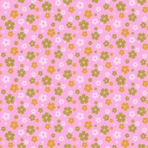 XS Retro seventies bold floral ditsy daisies artichoke green, mustard yellow, lilac, on hot pink linen