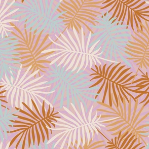 Overlapping palm leave | Multicolored layers of pastel palm leaves on baby pink, tropical botanical texture