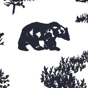 large - Bears in woodland forest - hand-painted toile de jouy woods landscape dark blue on white