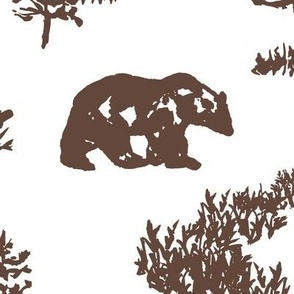 large - Bears in woodland forest - hand-painted toile de jouy woods landscape pinecone brown on white