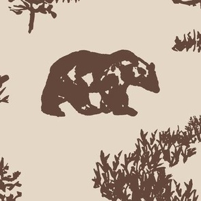 large - Bears in woodland forest - hand-painted toile de jouy woods landscape brown on light beige
