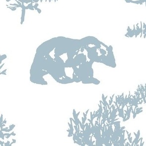 large - Bears in woodland forest - hand-painted toile de jouy woods landscape light blue on white