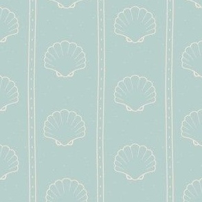 Cream while stripes and sea shells on pastel baby blue