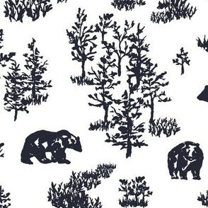 medium - Bears in woodland forest - hand-painted toile de jouy woods landscape dark blue on white