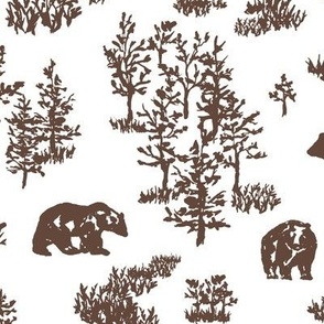medium - Bears in woodland forest - hand-painted toile de jouy woods landscape pinecone brown on white