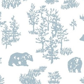 medium - Bears in woodland forest - hand-painted toile de jouy woods landscape light blue on white