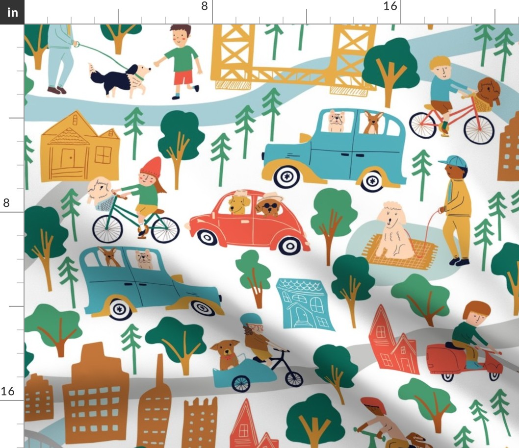 Medium 24 in repeat fabric - Happy Dogs in Sacramento - Vintage Side Cars and Bicycles - Cityscape - Yellow Bridge - Joyful Animals - Red Blue Green