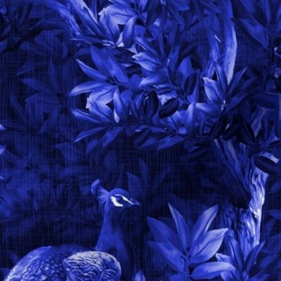 Dark Electric Blue Wild Peacock Bird Forest, Bold Maximalist Toile de Jouy, Antique Botanical Woodland Forest Decor, Country Garden English Country House, Victorian Maximalist Whimsical Bird Pattern, Victorian Goth Peacock Wallpaper, MEDIUM SCALE
